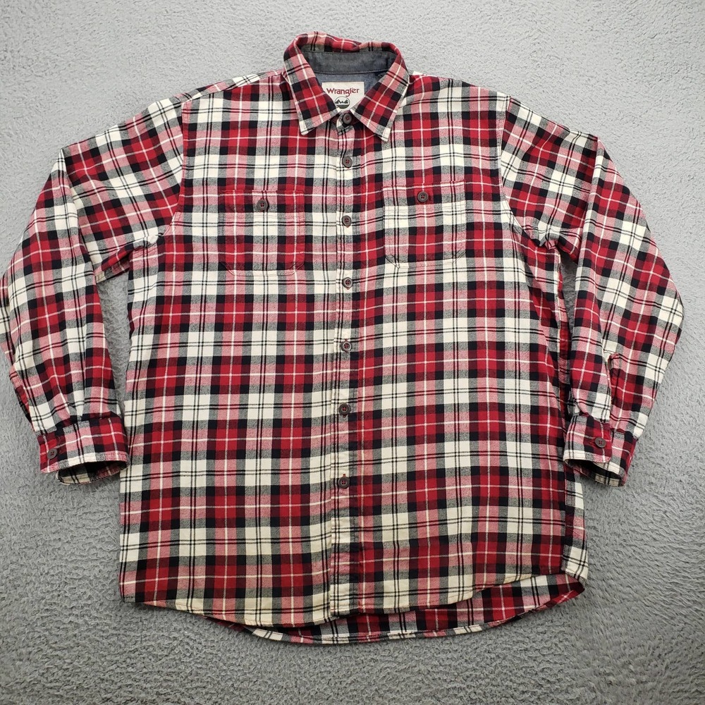Wrangler Shirt Mens LT Red Plaid Flannel Long Sleeve‎ Outdoors Casual Button Up